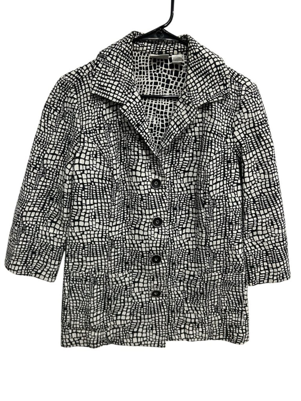 Vintage Chico's Black White Mosaic Print Button Up Coat Jacket Size M Retro Art